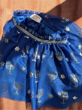 Cat & Jack Blue Tulle Skirt with Silver Menorah & Star Print